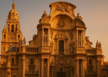 Fachada principal de la Catedral de Murcia iluminada por el atardecer, mostrando su riqueza barroca y monumentalidad.
