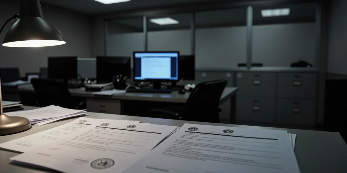 Escritorio con documentos internos y correos impresos en oficina gubernamental oscura, evocando secretismo institucional