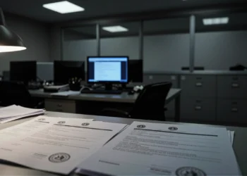 Escritorio con documentos internos y correos impresos en oficina gubernamental oscura, evocando secretismo institucional