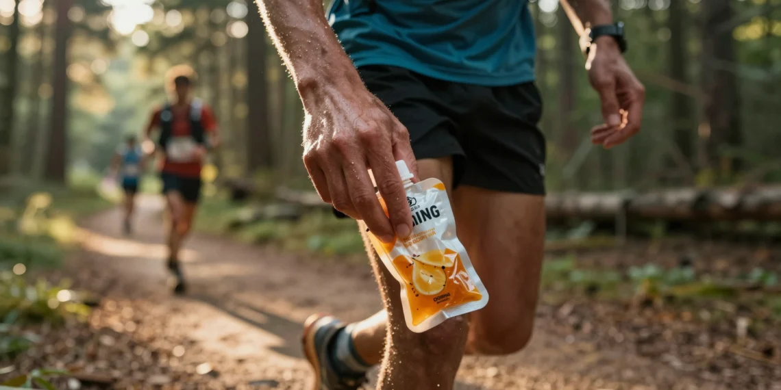 Corredor sujetando un gel energético natural en trail, rodeado de bosque de pinos con luz dorada de amanecer