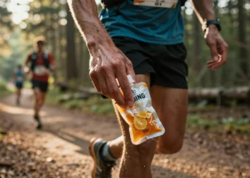 Corredor sujetando un gel energético natural en trail, rodeado de bosque de pinos con luz dorada de amanecer