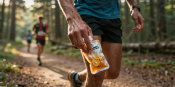 Corredor sujetando un gel energético natural en trail, rodeado de bosque de pinos con luz dorada de amanecer