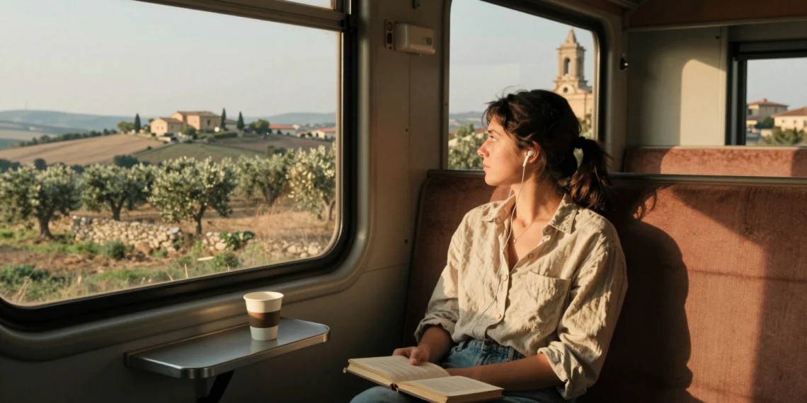Viajera solitaria en tren regional contempla el paisaje de Puglia: olivares, masserías y cielo dorado al atardecer