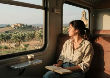 Viajera solitaria en tren regional contempla el paisaje de Puglia: olivares, masserías y cielo dorado al atardecer