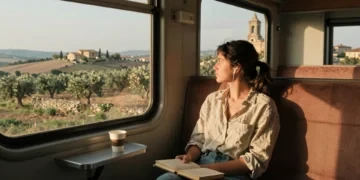 Viajera solitaria en tren regional contempla el paisaje de Puglia: olivares, masserías y cielo dorado al atardecer