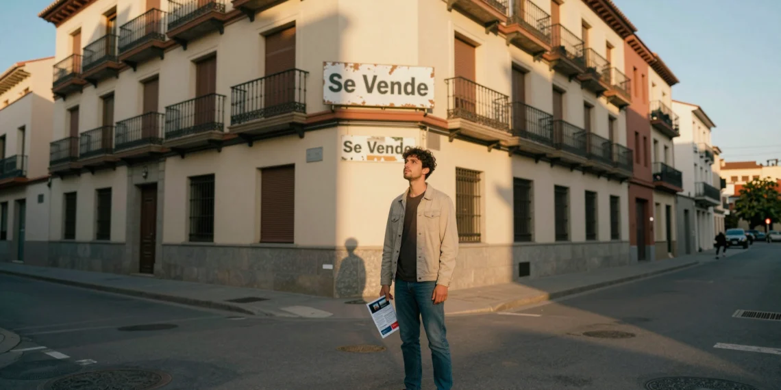 Joven madrileño frente a edificio de apartamentos con cartel 'Se Vende', reflejando la crisis de vivienda en España
