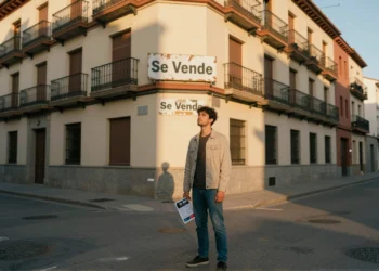 Joven madrileño frente a edificio de apartamentos con cartel 'Se Vende', reflejando la crisis de vivienda en España