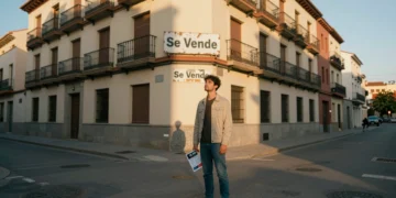 Joven madrileño frente a edificio de apartamentos con cartel 'Se Vende', reflejando la crisis de vivienda en España