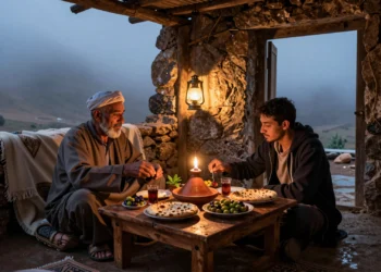 Pastor marroquí y viajero comparten iftar en refugio de piedra en las montañas del Rif durante el Ramadán