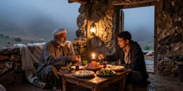 Pastor marroquí y viajero comparten iftar en refugio de piedra en las montañas del Rif durante el Ramadán
