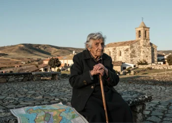 Anciana centenaria soriana sentada en banco de piedra frente a iglesia castellana, con mapa de España a su lado