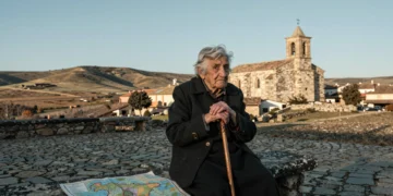 Anciana centenaria soriana sentada en banco de piedra frente a iglesia castellana, con mapa de España a su lado