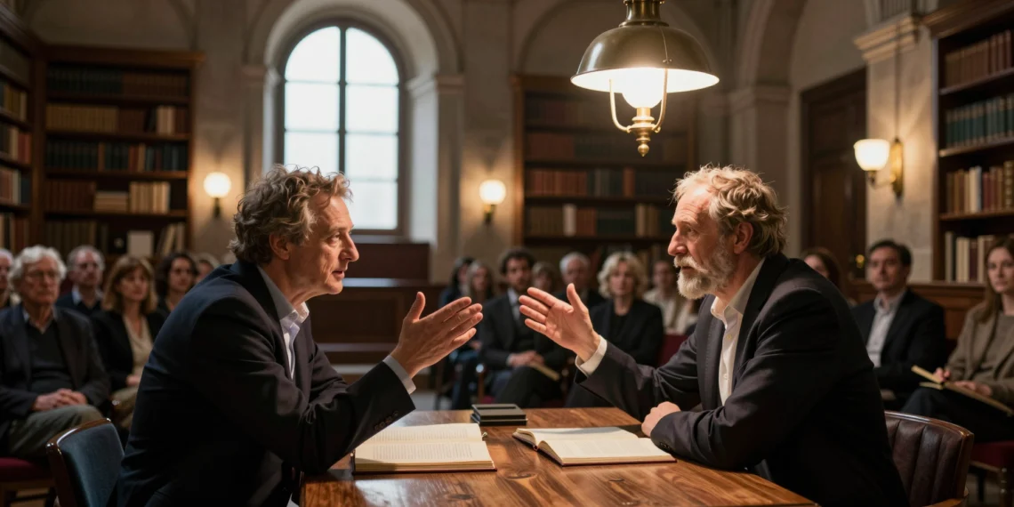 Dos filósofos españoles debaten sobre Platón y Aristóteles en una sala clásica con libros abiertos