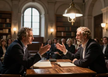 Dos filósofos españoles debaten sobre Platón y Aristóteles en una sala clásica con libros abiertos