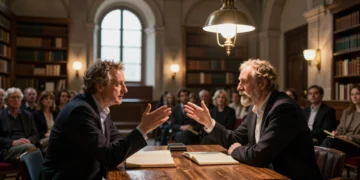 Dos filósofos españoles debaten sobre Platón y Aristóteles en una sala clásica con libros abiertos