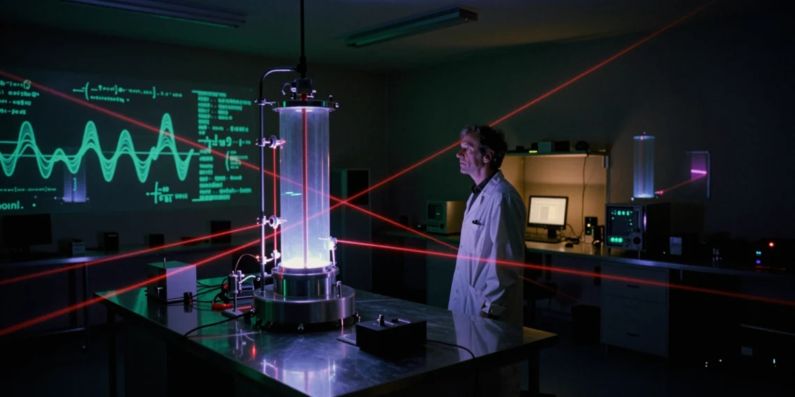 Físico teórico observa una cámara de vacío ultrafrío emitiendo luz azul-violeta en un laboratorio de física cuántica nocturno
