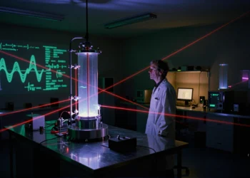 Físico teórico observa una cámara de vacío ultrafrío emitiendo luz azul-violeta en un laboratorio de física cuántica nocturno