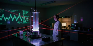 Físico teórico observa una cámara de vacío ultrafrío emitiendo luz azul-violeta en un laboratorio de física cuántica nocturno
