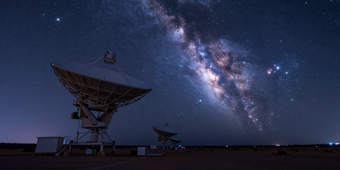 Radiotelescopio MeerKAT bajo la Vía Láctea en el desierto de Sudáfrica captando señales del universo lejano