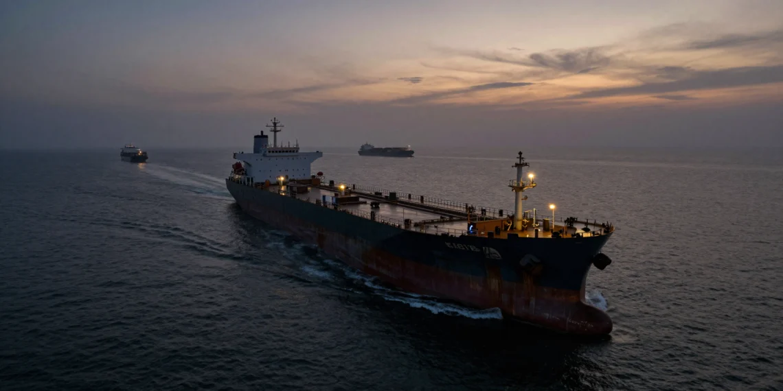 Superpetrolero oxidado y anónimo navega solo al atardecer por un estrecho marítimo concurrido, sin bandera visible
