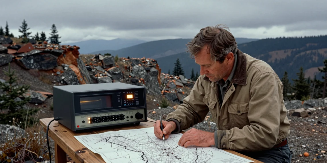 Geólogo de los 70 analiza mapas geológicos junto a una computadora de carrete en montañas del Pacífico