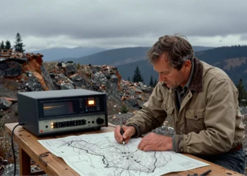 Geólogo de los 70 analiza mapas geológicos junto a una computadora de carrete en montañas del Pacífico