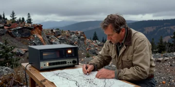 Geólogo de los 70 analiza mapas geológicos junto a una computadora de carrete en montañas del Pacífico