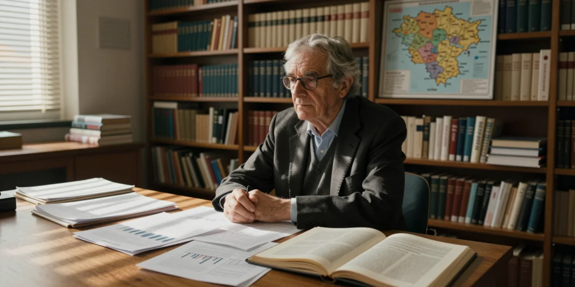 Economista mayor con gafas ante escritorio con informes y mapa de la Comunitat Valenciana al fondo