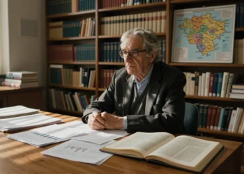 Economista mayor con gafas ante escritorio con informes y mapa de la Comunitat Valenciana al fondo