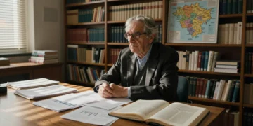 Economista mayor con gafas ante escritorio con informes y mapa de la Comunitat Valenciana al fondo