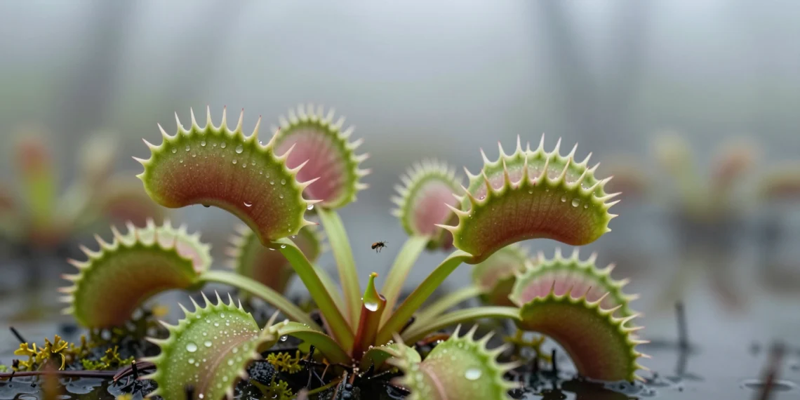 Primer plano de una Venus atrapamoscas cerrando sus lóbulos sobre un insecto en un pantano de Carolina