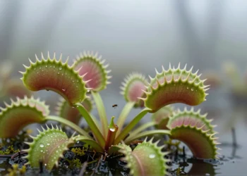 Primer plano de una Venus atrapamoscas cerrando sus lóbulos sobre un insecto en un pantano de Carolina