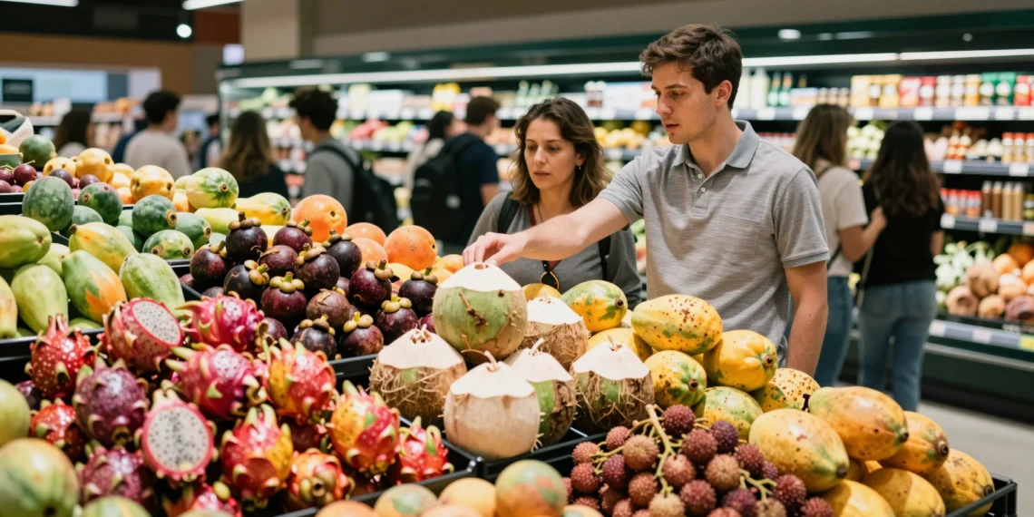 Pasillo de frutas exóticas en supermercado urbano con pitahayas, mangostanes, papayas y lichis