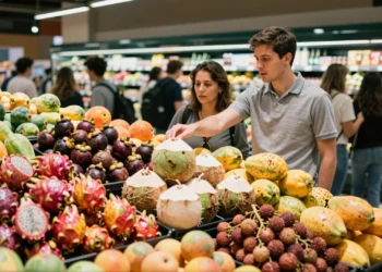 Pasillo de frutas exóticas en supermercado urbano con pitahayas, mangostanes, papayas y lichis