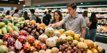 Pasillo de frutas exóticas en supermercado urbano con pitahayas, mangostanes, papayas y lichis