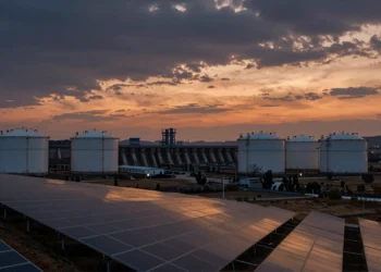 Paisaje energético europeo al atardecer con paneles solares, tanques de almacenamiento industrial y presa hidroeléctrica