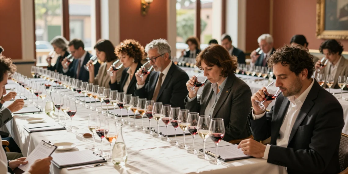 Jueces profesionales catando vinos en una elegante sala de Madrid durante el Press Wine Competition 2026