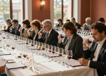 Jueces profesionales catando vinos en una elegante sala de Madrid durante el Press Wine Competition 2026