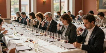 Jueces profesionales catando vinos en una elegante sala de Madrid durante el Press Wine Competition 2026