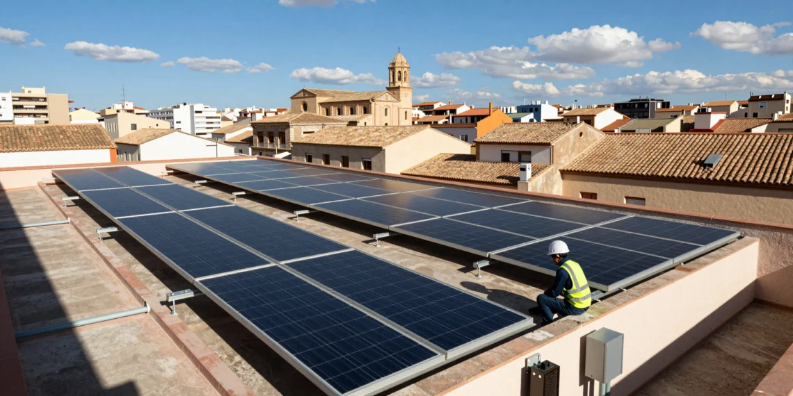 Técnico instalando paneles solares fotovoltaicos en tejado residencial de Valencia bajo un cielo azul mediterráneo