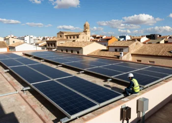 Técnico instalando paneles solares fotovoltaicos en tejado residencial de Valencia bajo un cielo azul mediterráneo