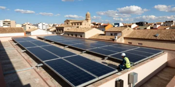 Técnico instalando paneles solares fotovoltaicos en tejado residencial de Valencia bajo un cielo azul mediterráneo