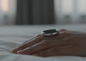 Anillo inteligente de titanio en un dedo sobre sábanas blancas, monitorizando la salud discretamente al amanecer