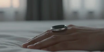 Anillo inteligente de titanio en un dedo sobre sábanas blancas, monitorizando la salud discretamente al amanecer