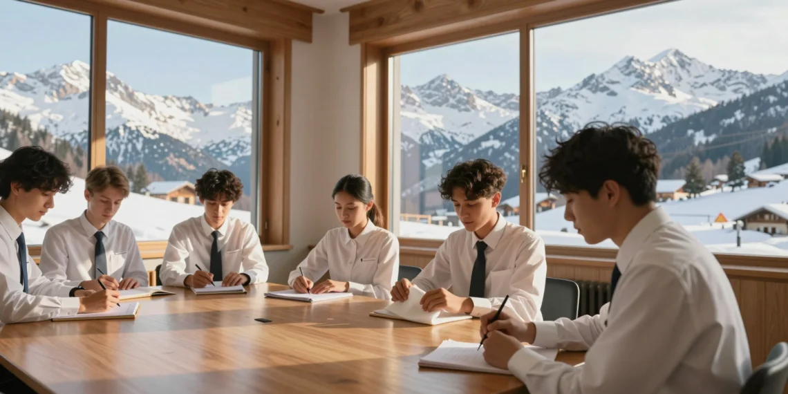 Estudiantes de hostelería en uniforme formal practican doblar servilletas en un aula con vistas a los Alpes suizos nevados