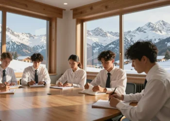 Estudiantes de hostelería en uniforme formal practican doblar servilletas en un aula con vistas a los Alpes suizos nevados