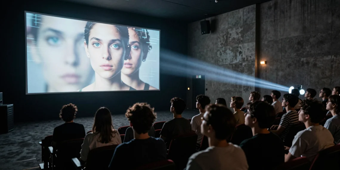 Audiencia en sala oscura de Barcelona observa película generada por IA, rostros iluminados por la pantalla
