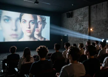 Audiencia en sala oscura de Barcelona observa película generada por IA, rostros iluminados por la pantalla