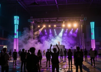 DJ femenina en el escenario del Sónar 2025 en Fira Gran Via, rodeada de luces LED y humo ante una multitud