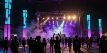 DJ femenina en el escenario del Sónar 2025 en Fira Gran Via, rodeada de luces LED y humo ante una multitud